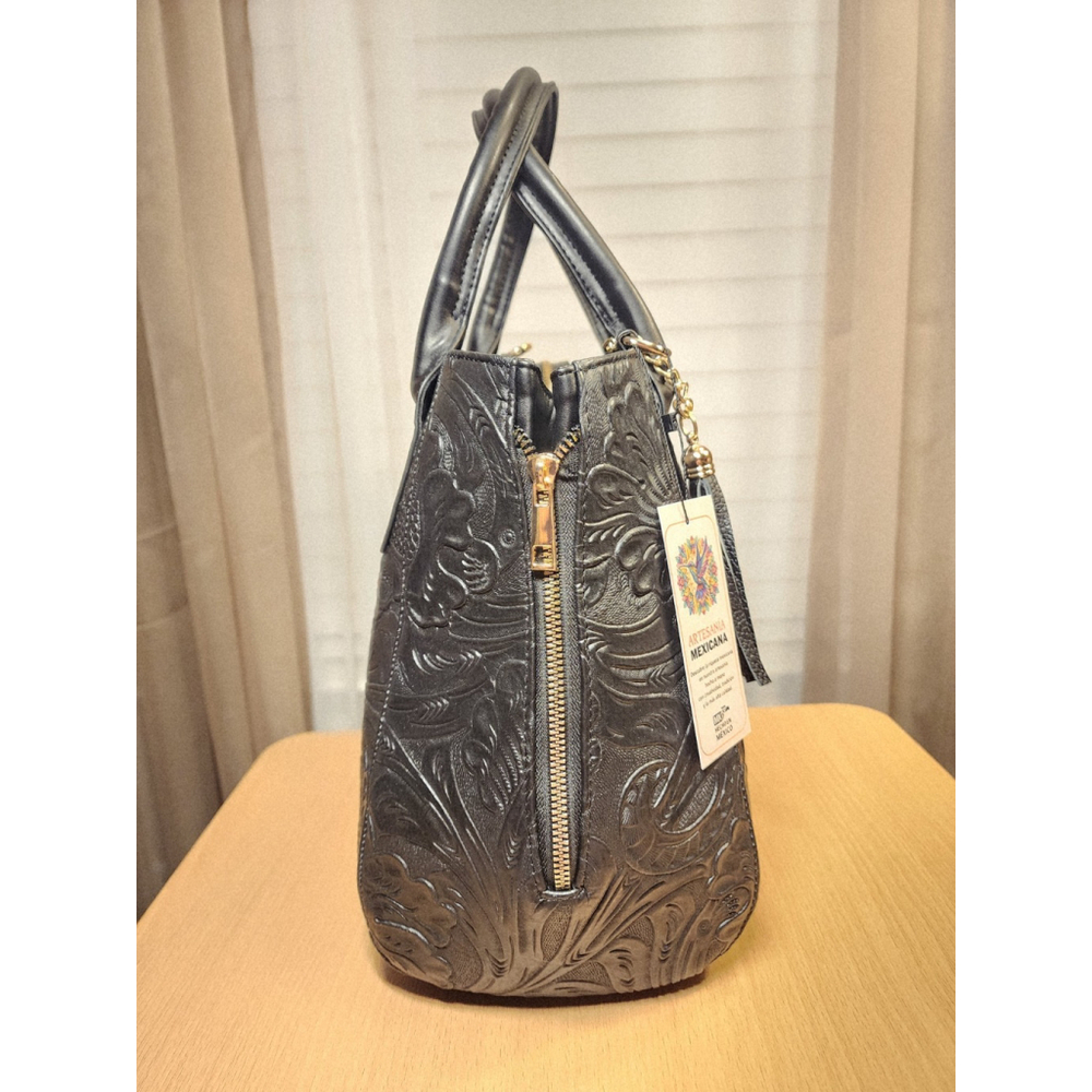 Black Zippered Floral Embossed Tooled Artisan LEATHER Hobo Bag Purse Artesanal - Picture 5 of 16